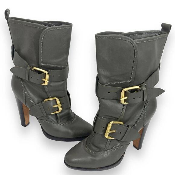 Dolce Vita mid calf boot, gray leather buckle strap high heel platform 6 bootie - Picture 5 of 11